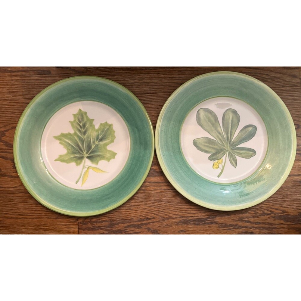 Set of 2 Palmer Smith Hand Painted Italian Plates 12" Green Leaf Large